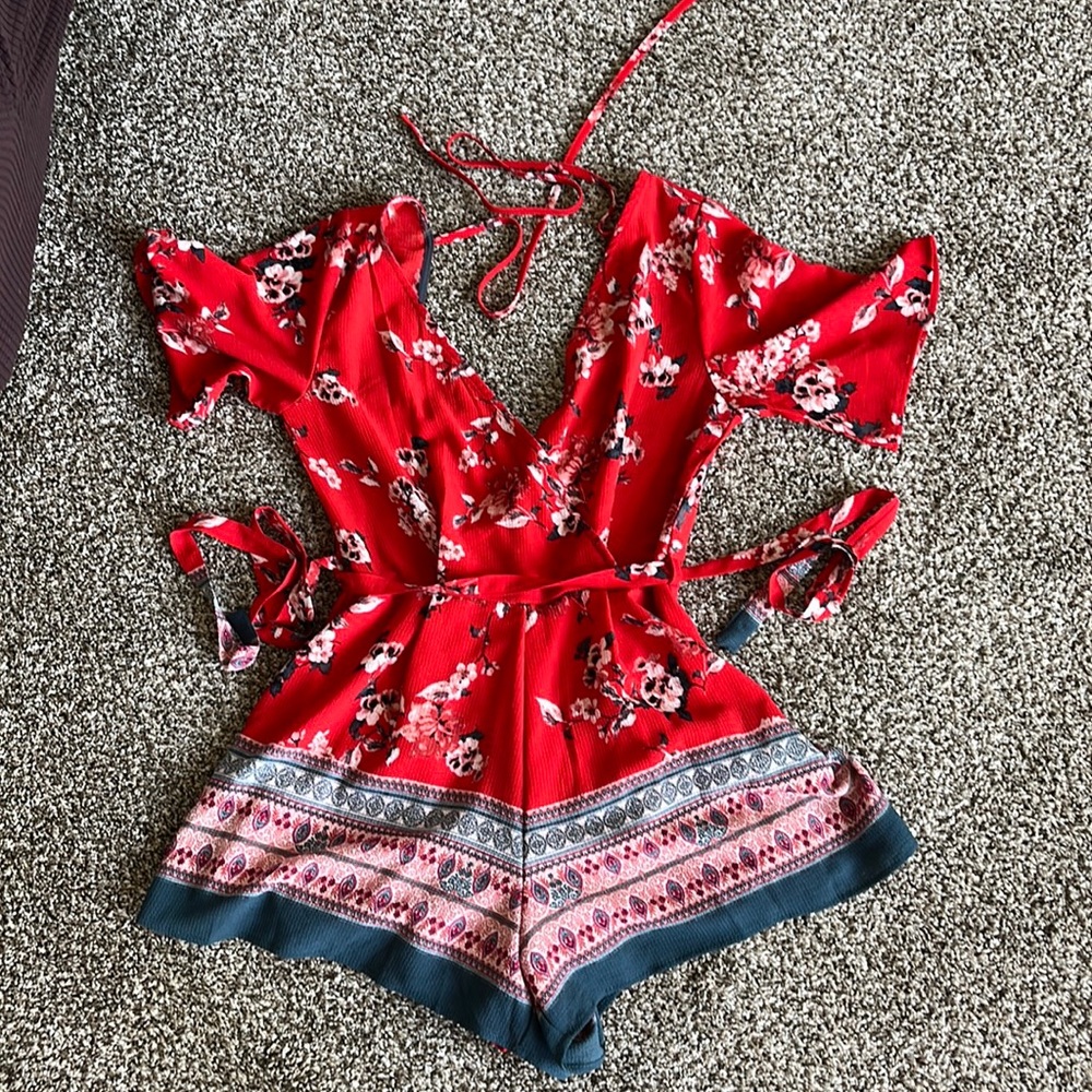 Red flowered romper